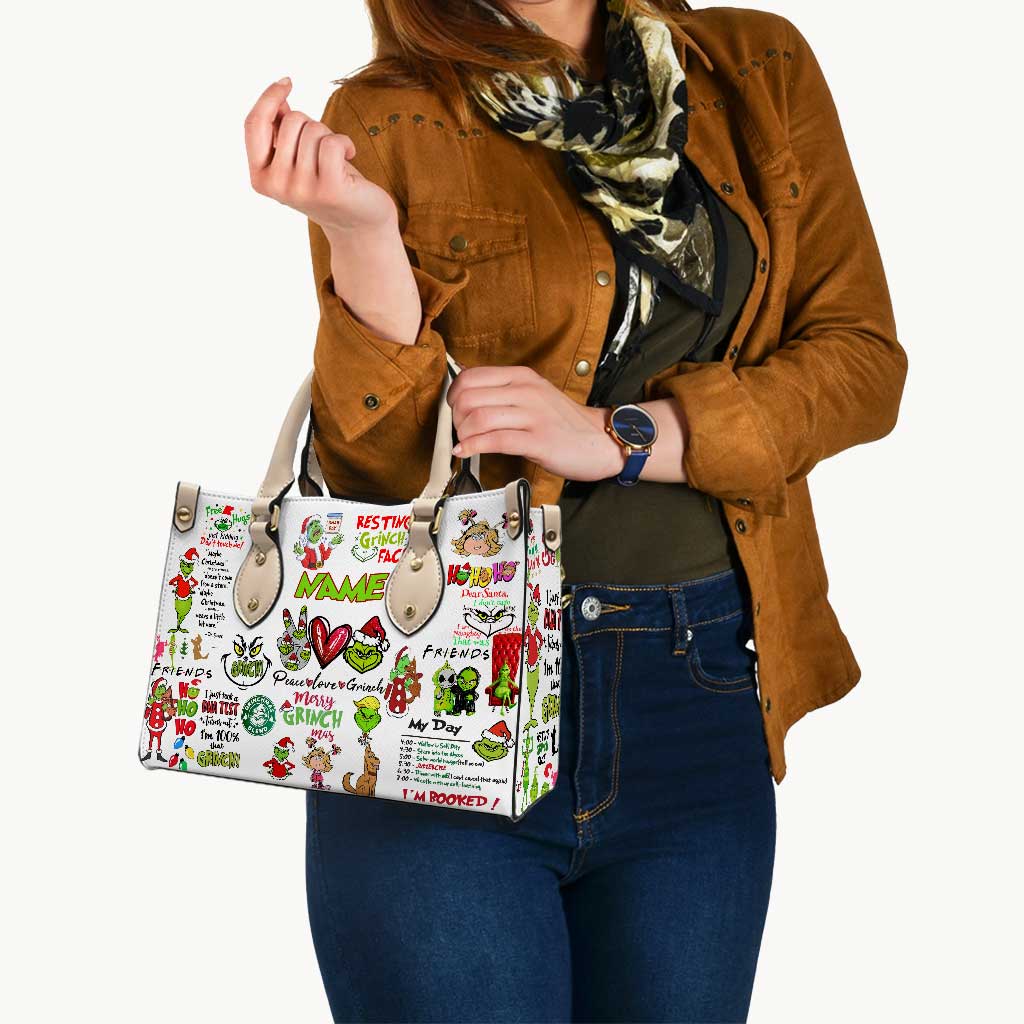 Personalized Christmas Leather Handbag with Grinch Design Gift for Her