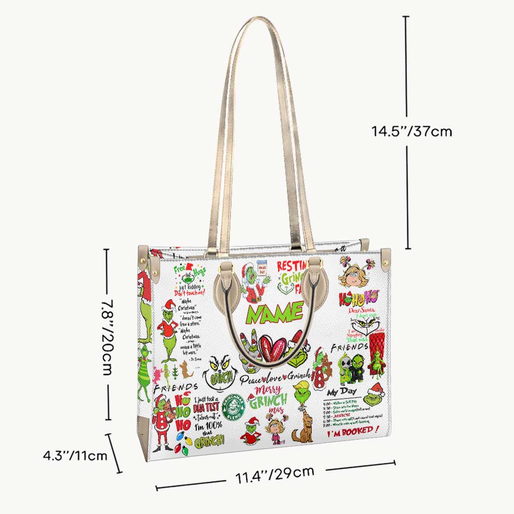 Personalized Christmas Leather Handbag with Grinch Design Gift for Her