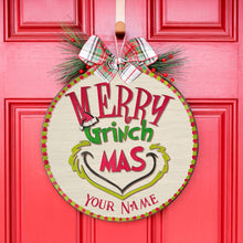 Load image into Gallery viewer, Personalized Grinch Christmas Round Wood Sign Custom Name Gift
