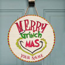 Load image into Gallery viewer, Personalized Grinch Christmas Round Wood Sign Custom Name Gift
