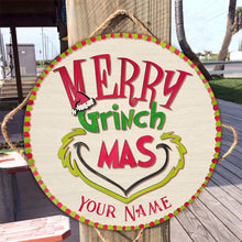 Load image into Gallery viewer, Personalized Grinch Christmas Round Wood Sign Custom Name Gift
