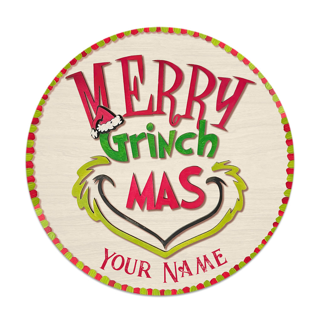 Personalized Grinch Christmas Round Wood Sign Custom Name Gift