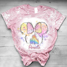 Load image into Gallery viewer, Personalized Bleached T-Shirt with Disney Castle and Bow Design for Kids

