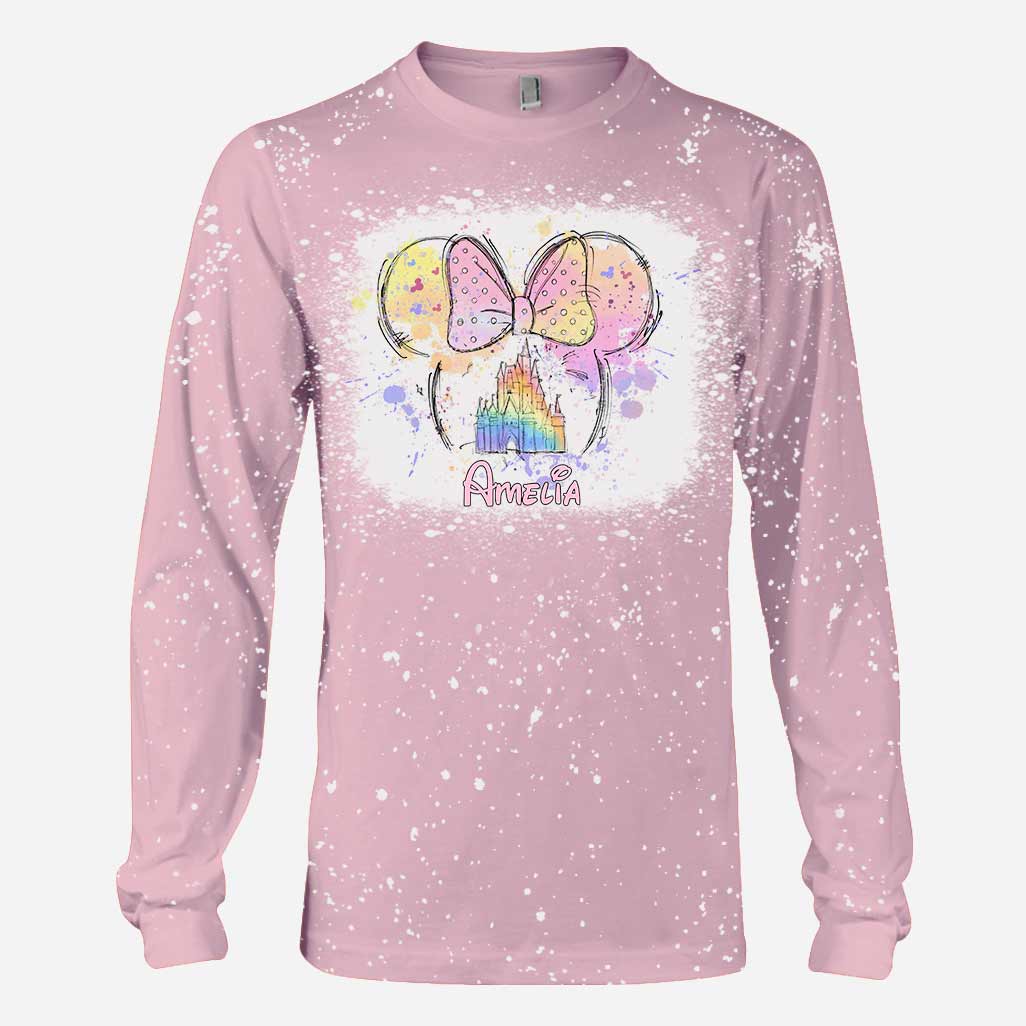Personalized Bleached T-Shirt with Disney Castle and Bow Design for Kids