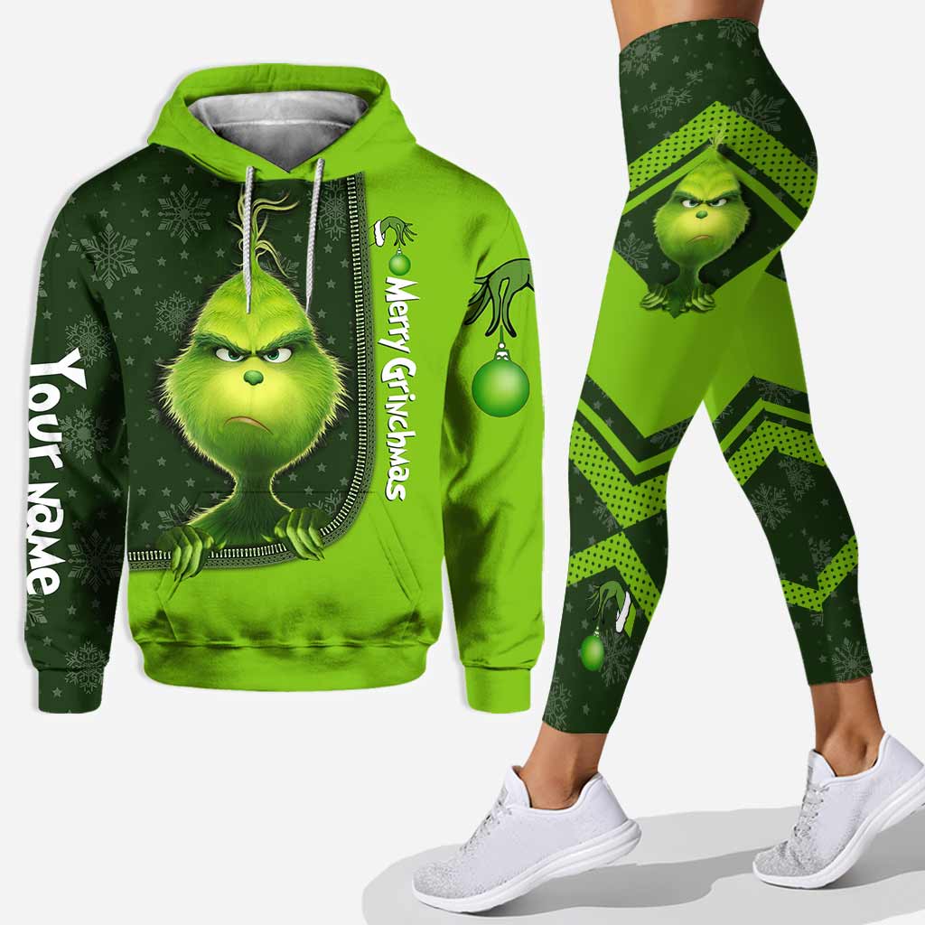 Personalized Grinch Hoodie and Leggings Set for Christmas
