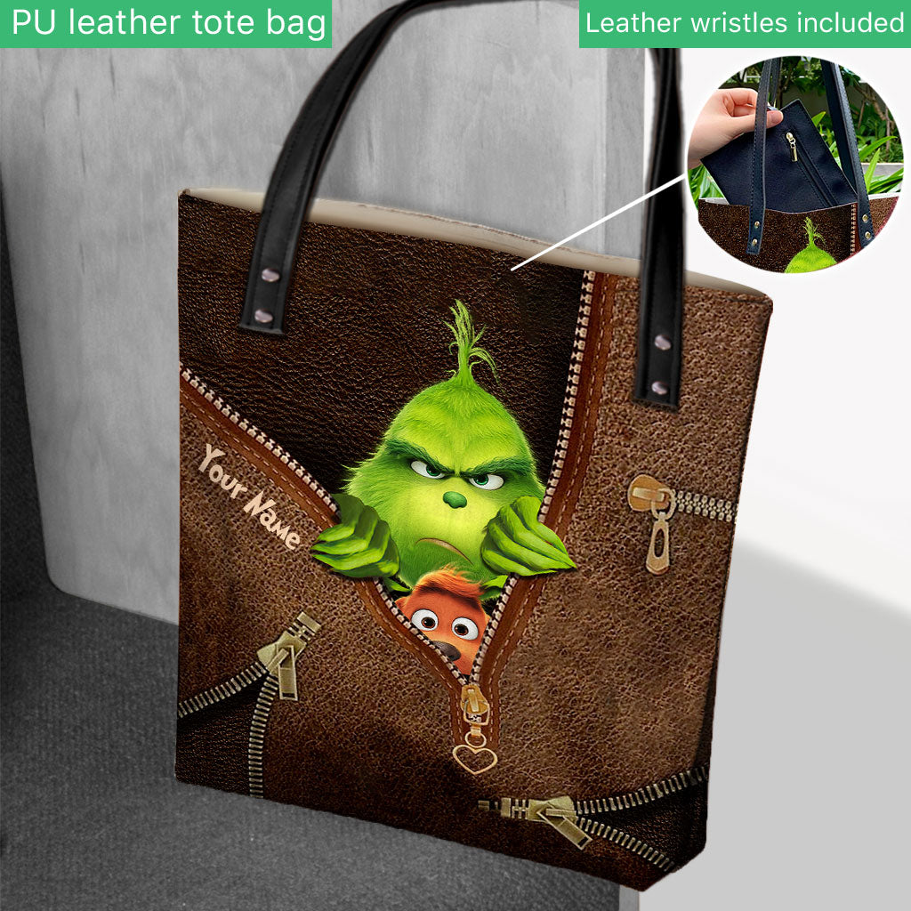 Personalized Grinch Christmas Tote Bag Custom Name Gift