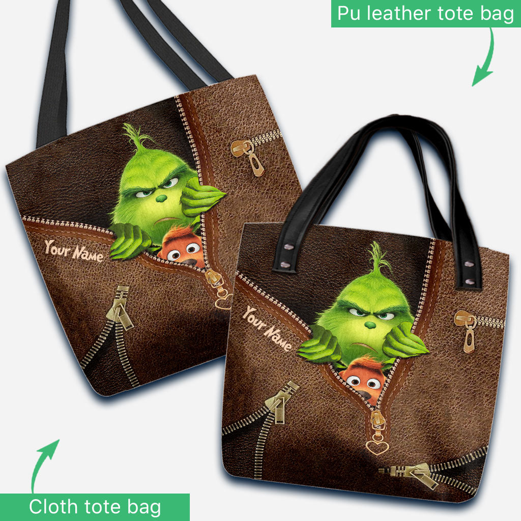 Personalized Grinch Christmas Tote Bag Custom Name Gift