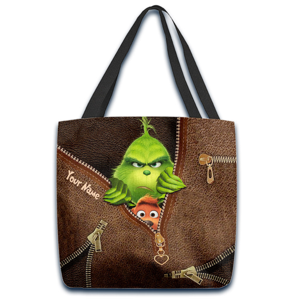 Personalized Grinch Christmas Tote Bag Custom Name Gift