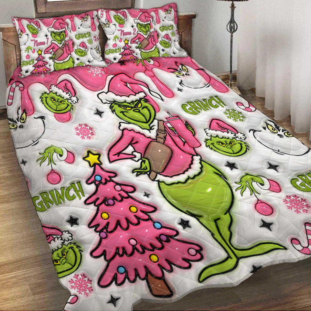 Personalized Grinch Christmas Quilt Set with Pillow Covers