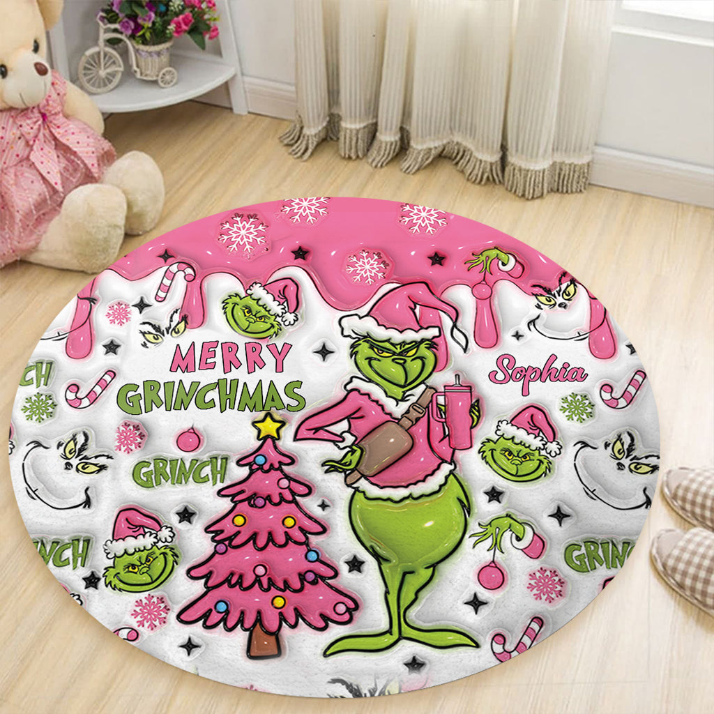 Personalized Grinchmas Round Rug Custom Name Christmas Decor