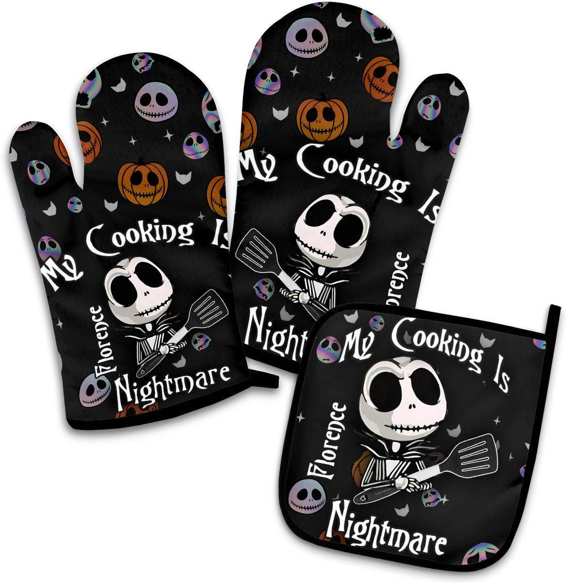 Personalized Nightmare Oven Mitt and Pot Holder Set Gift for Cooking Enthusiasts