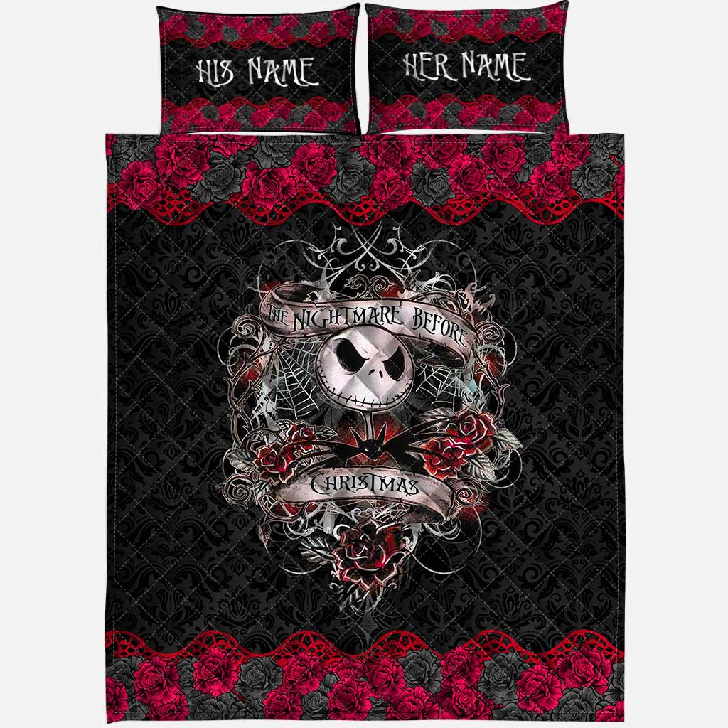 Personalized Nightmare Before Christmas Quilt Set with Roses for Couples