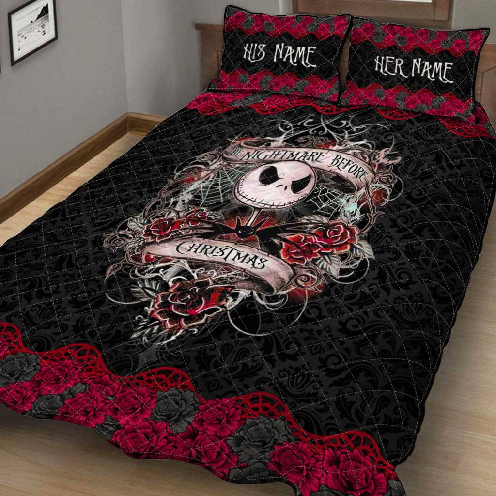 Personalized Nightmare Before Christmas Quilt Set with Roses for Couples