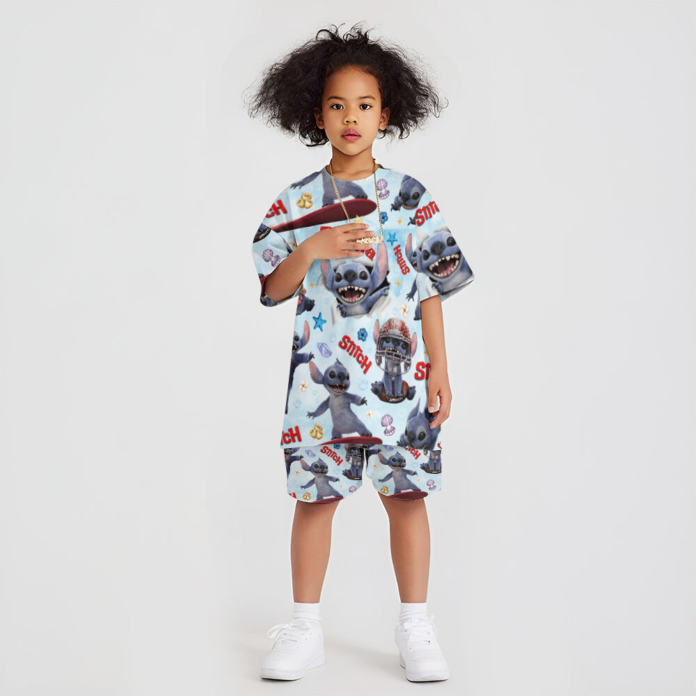 Personalized Kid T-Shirt & Shorts Set Cute Blue Alien Gift
