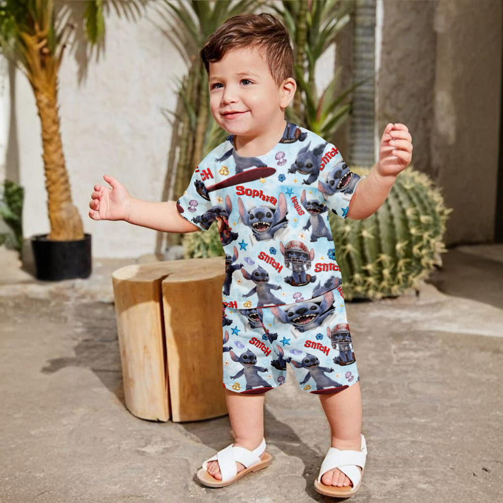 Personalized Kid T-Shirt & Shorts Set Cute Blue Alien Gift