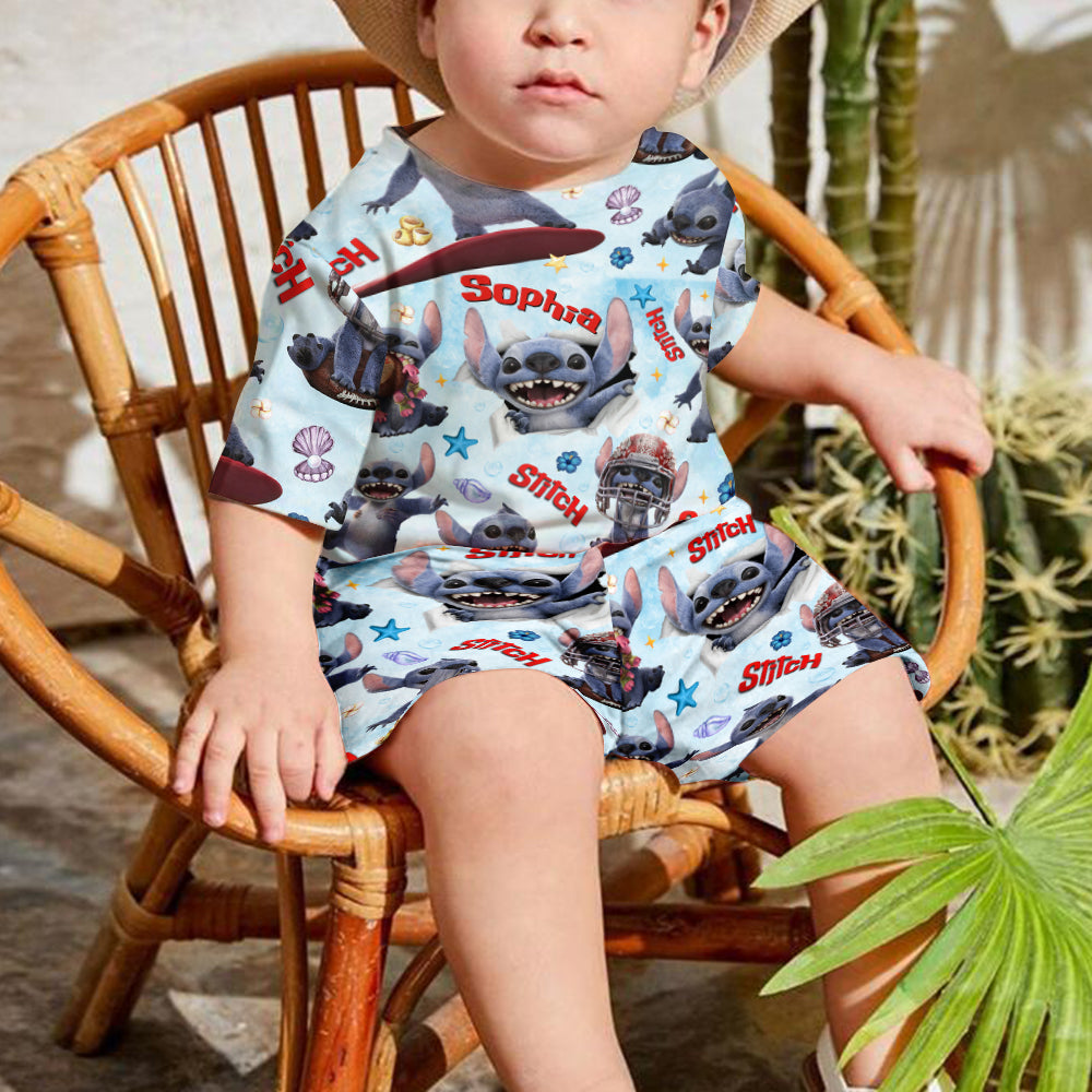 Personalized Kid T-Shirt & Shorts Set Cute Blue Alien Gift