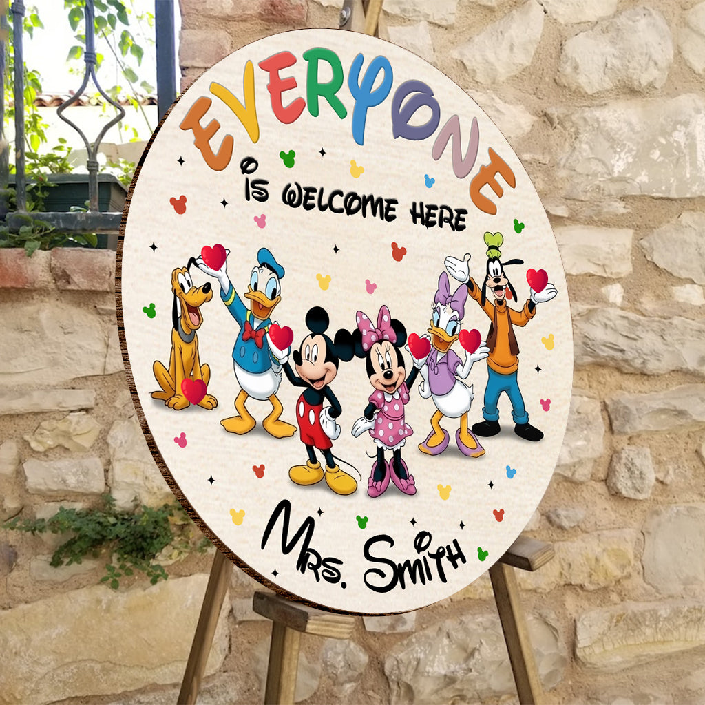 Personalized Round Wood Sign Everyone Is Welcome Here Custom Name Gift