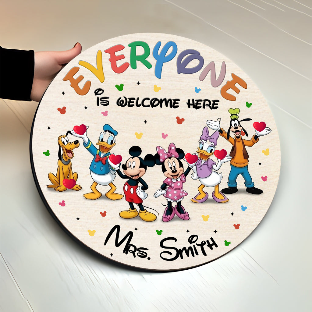 Personalized Round Wood Sign Everyone Is Welcome Here Custom Name Gift