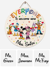 Load image into Gallery viewer, Personalized Round Wood Sign Everyone Is Welcome Here Custom Name Gift
