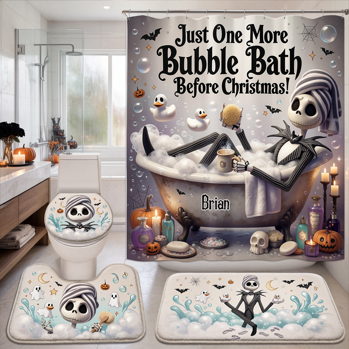 Personalized Nightmare Before Christmas Bathroom Curtain & Mats Set