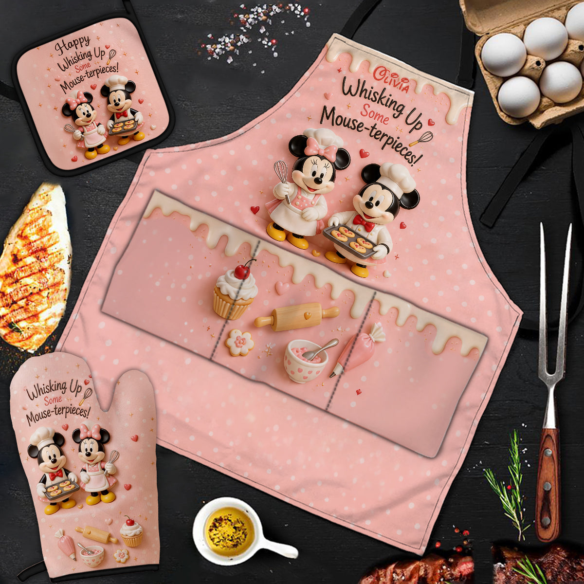 Personalized Cartoon Mouse Baking Apron & Mitts Set - Unique Gift for Mom