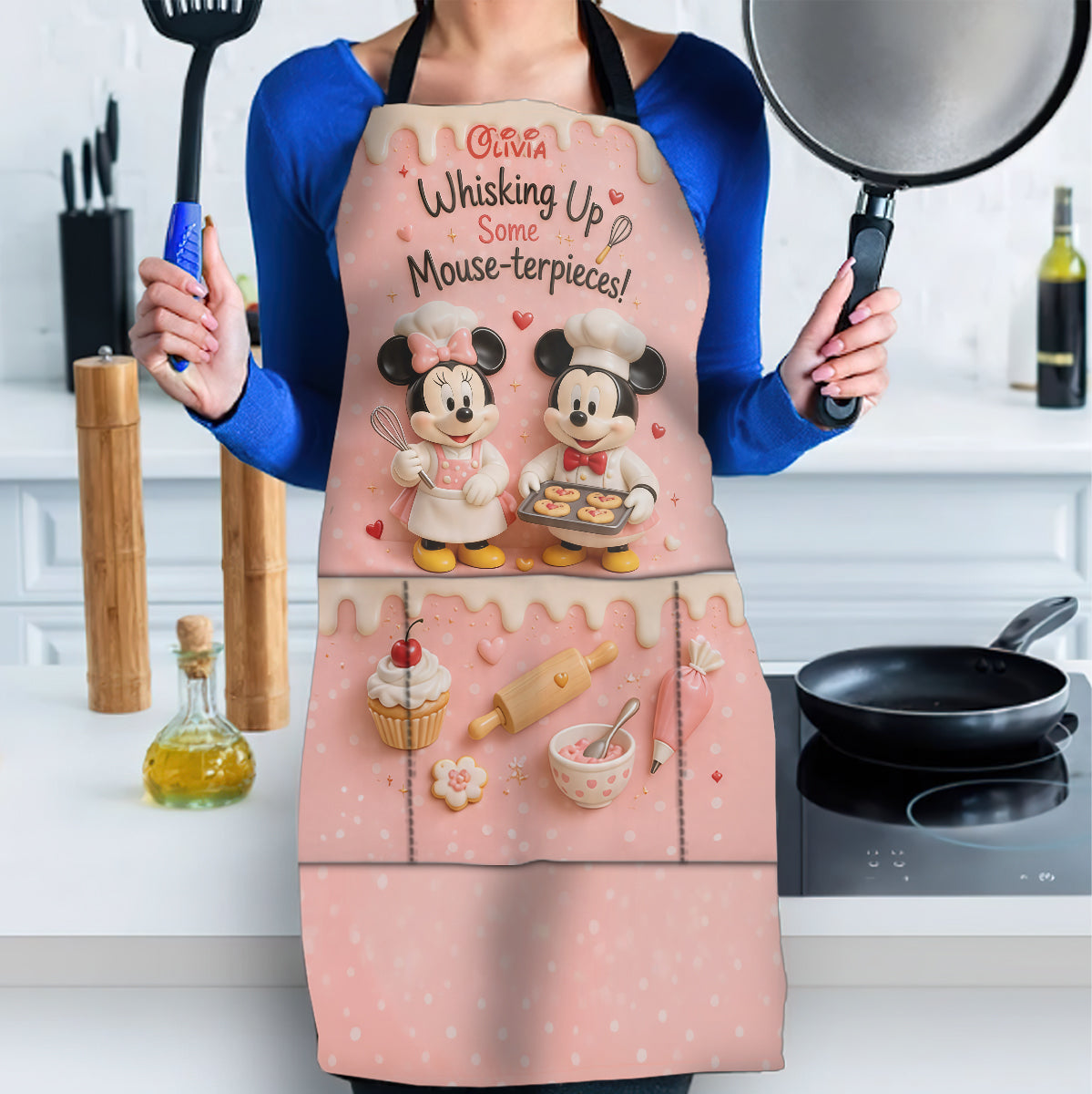 Personalized Cartoon Mouse Baking Apron & Mitts Set - Unique Gift for Mom