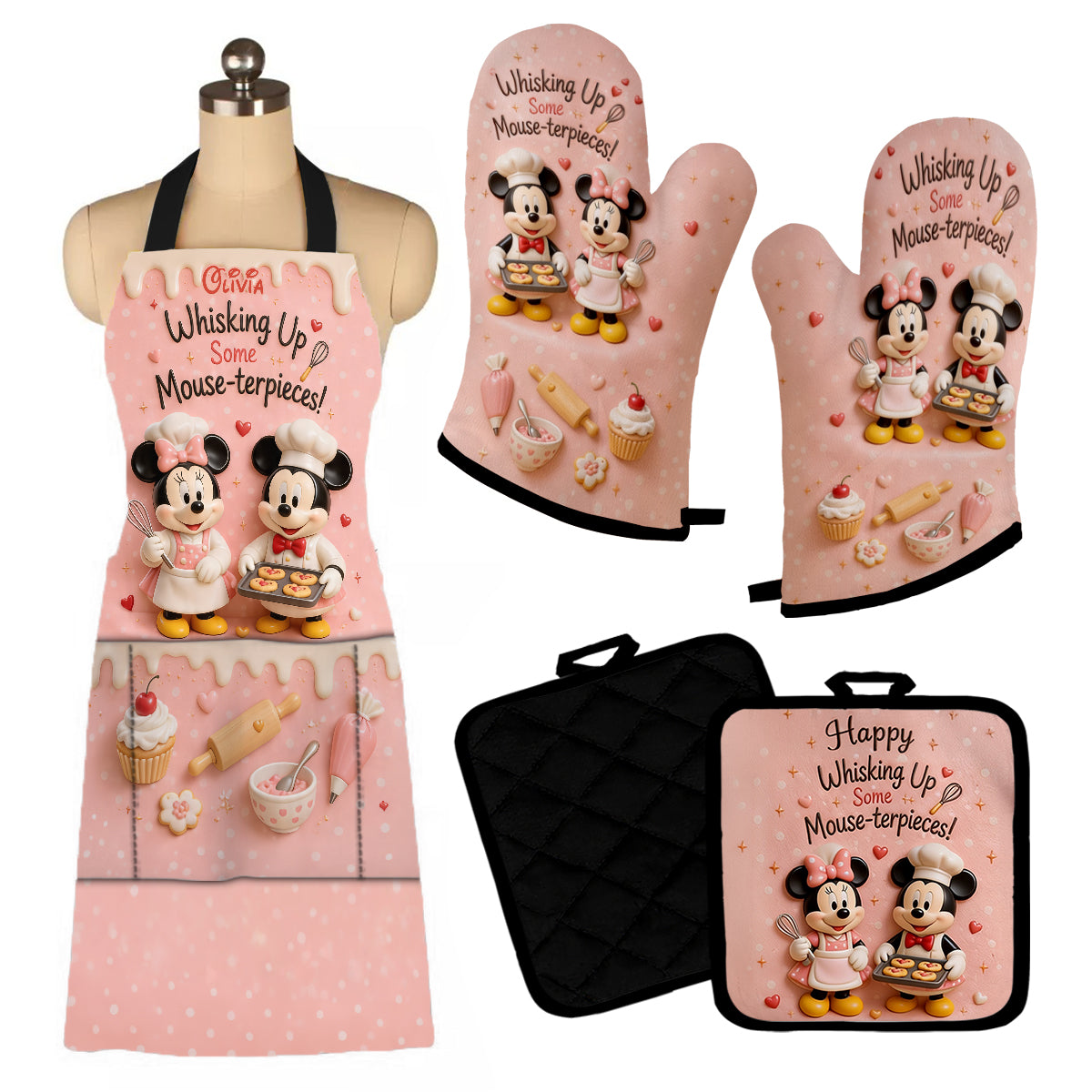 Personalized Cartoon Mouse Baking Apron & Mitts Set - Unique Gift for Mom