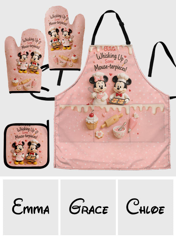 Personalized Cartoon Mouse Baking Apron & Mitts Set - Unique Gift for Mom