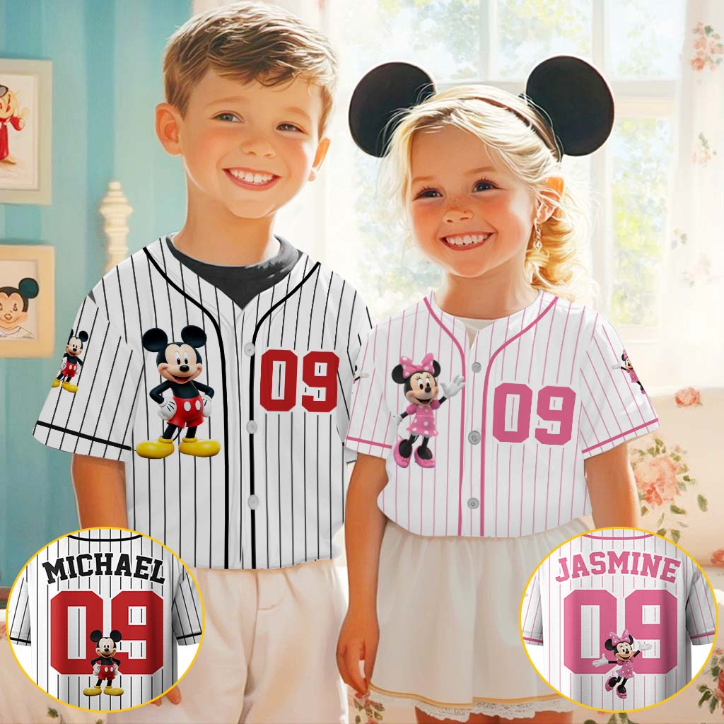 Personalized Kids Baseball Jersey with Mickey & Minnie Design | Custom Name Gift