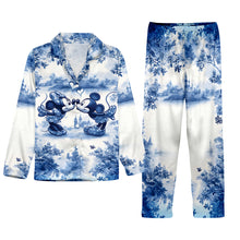 Load image into Gallery viewer, Personalized Blue &amp; White Mouse Couple Button Down Pajamas Set for Couples
