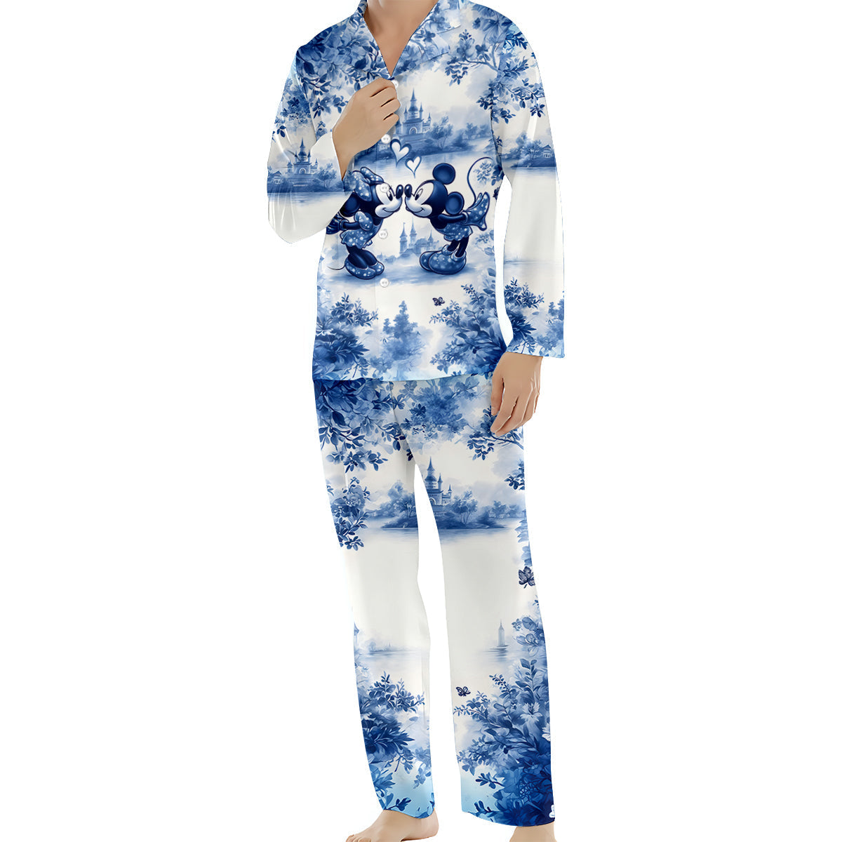 Personalized Blue & White Mouse Couple Button Down Pajamas Set for Couples
