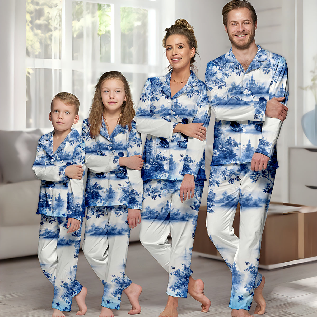 Personalized Blue & White Mouse Couple Button Down Pajamas Set for Couples