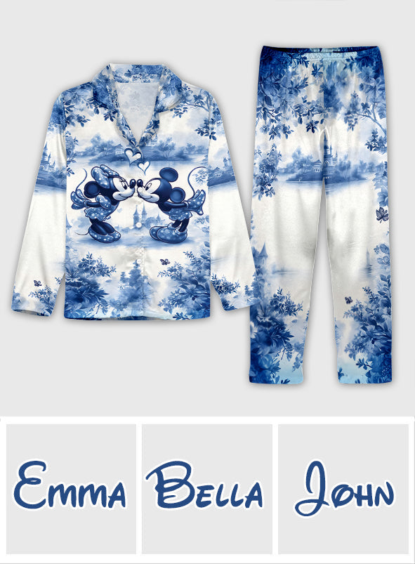 Personalized Blue & White Mouse Couple Button Down Pajamas Set for Couples