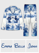 Load image into Gallery viewer, Personalized Blue &amp; White Mouse Couple Button Down Pajamas Set for Couples
