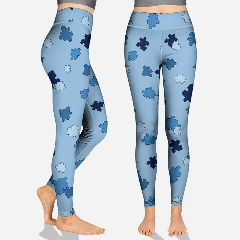 Personalized Autism Awareness Hoodie & Leggings Set for Mom & Daughter - Blue Puzzle Design