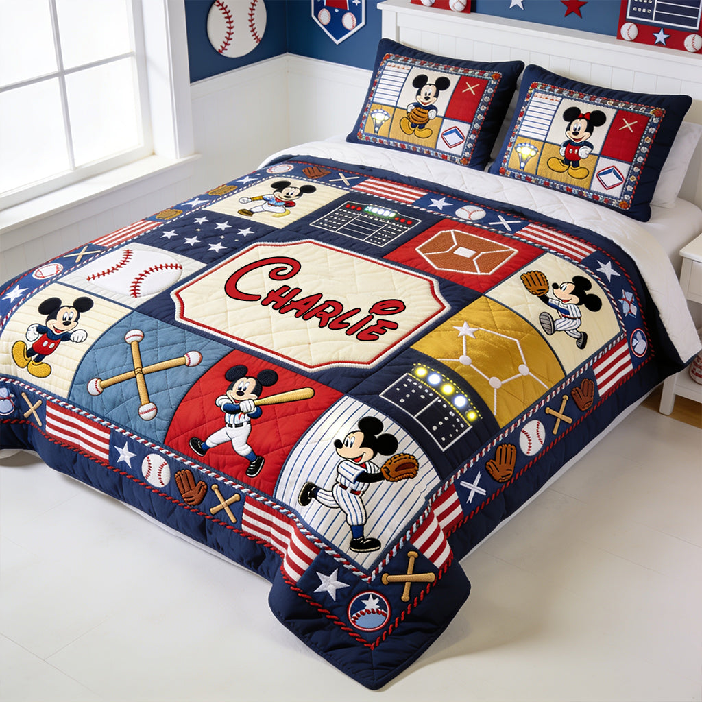 Personalized Mickey Mouse Baseball Quilt Bedding Set Custom Name Gift