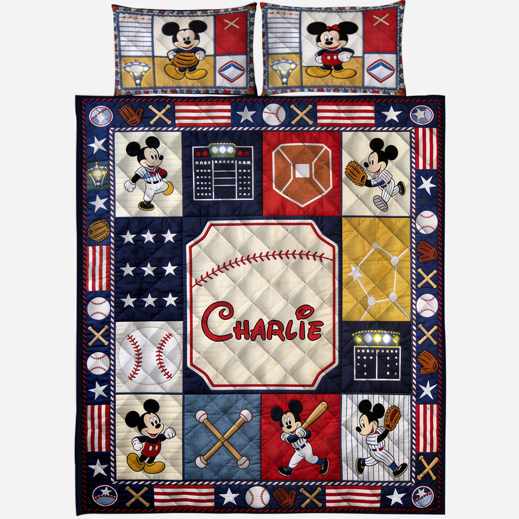 Personalized Mickey Mouse Baseball Quilt Bedding Set Custom Name Gift