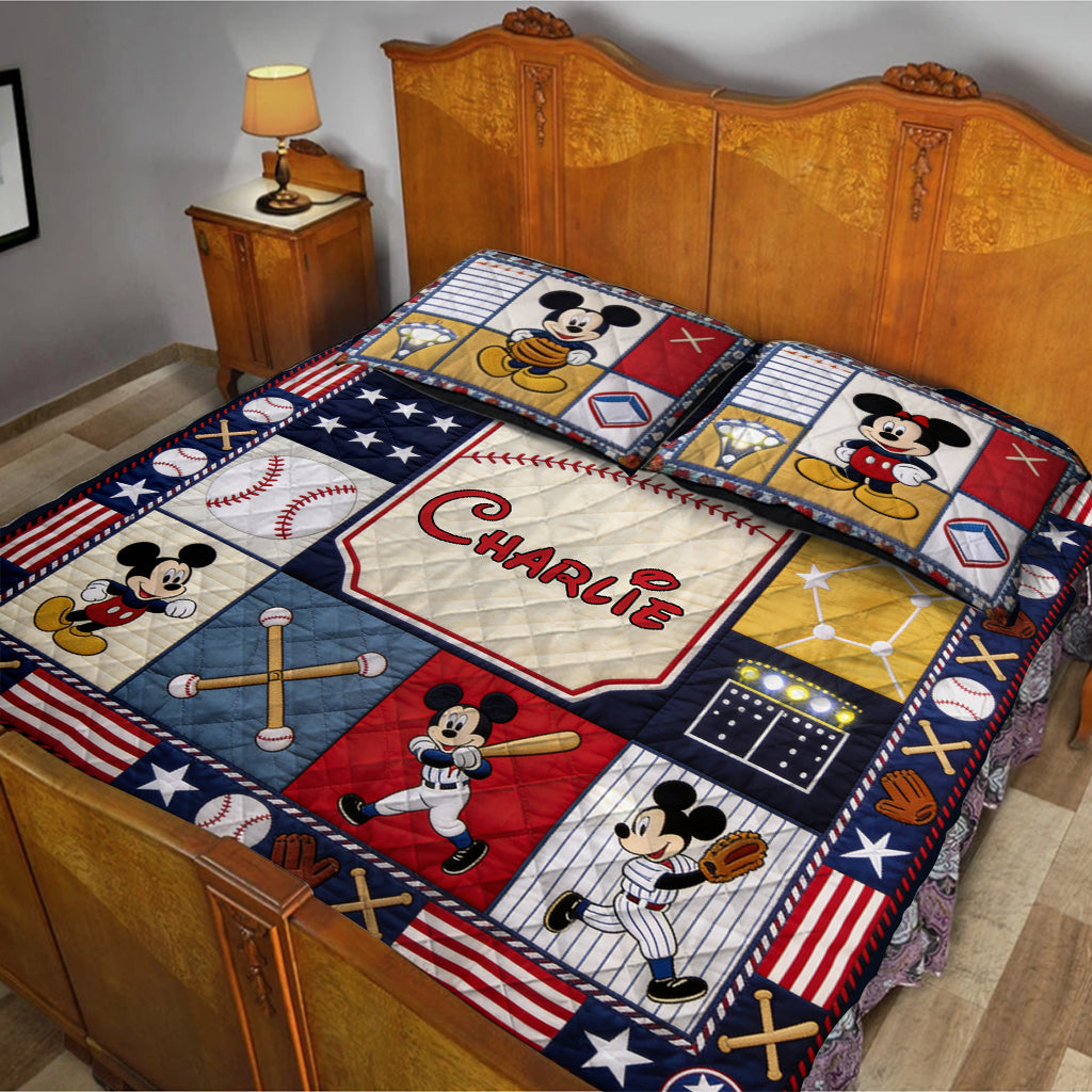 Personalized Mickey Mouse Baseball Quilt Bedding Set Custom Name Gift