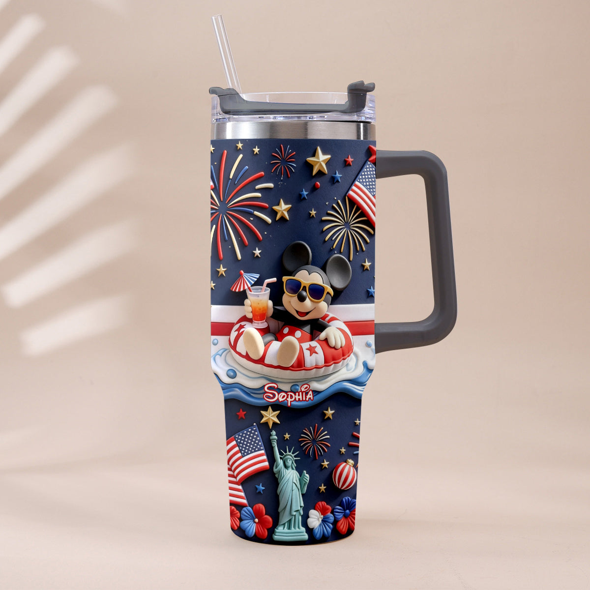 Personalized 40oz Tumbler with 3D Print Handle for Independence Day Gift