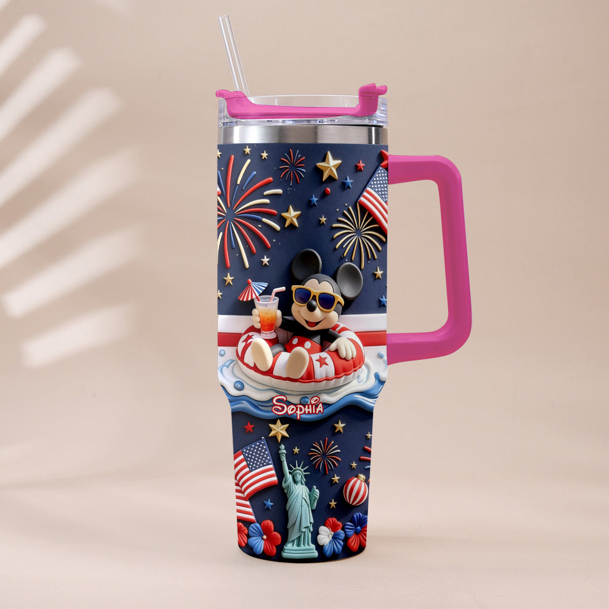 Personalized 40oz Tumbler with 3D Print Handle for Independence Day Gift