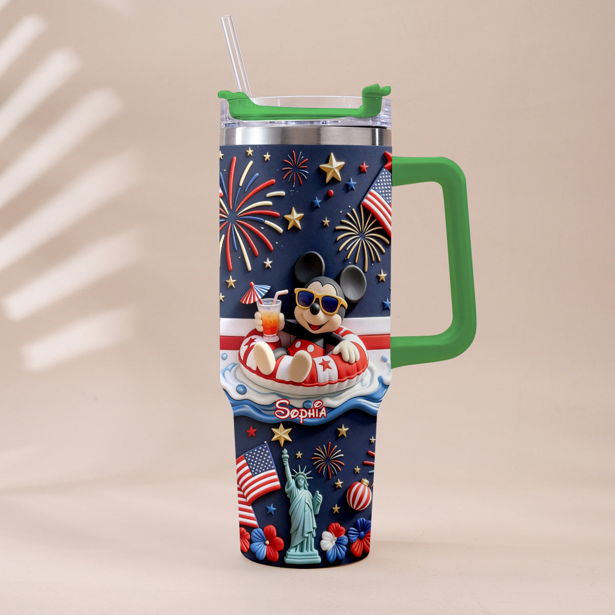 Personalized 40oz Tumbler with 3D Print Handle for Independence Day Gift