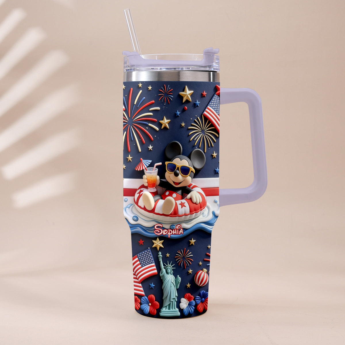Personalized 40oz Tumbler with 3D Print Handle for Independence Day Gift