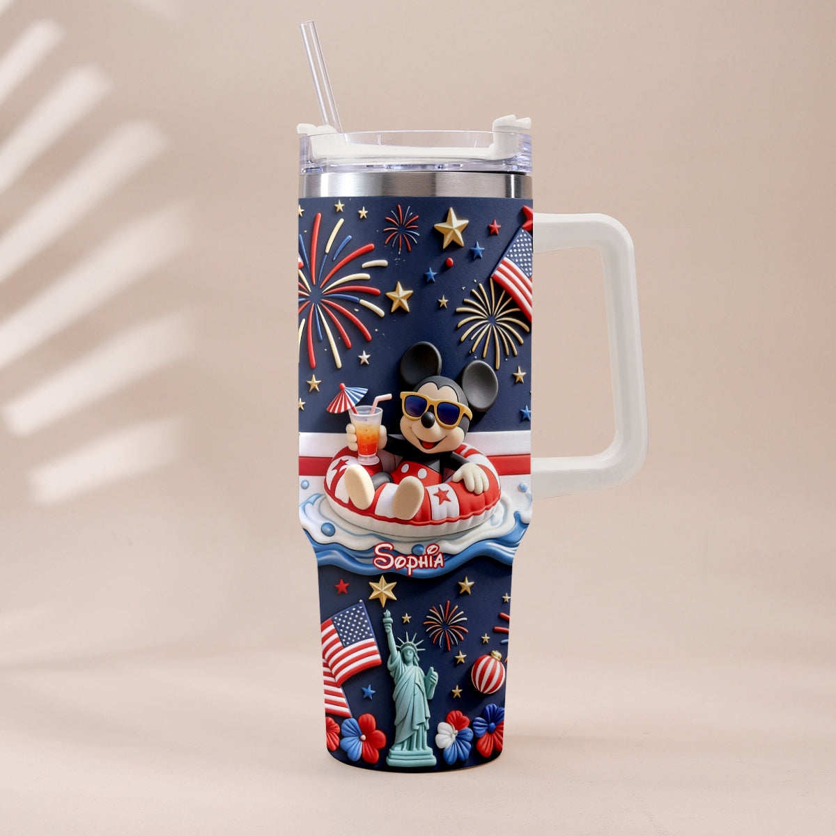 Personalized 40oz Tumbler with 3D Print Handle for Independence Day Gift