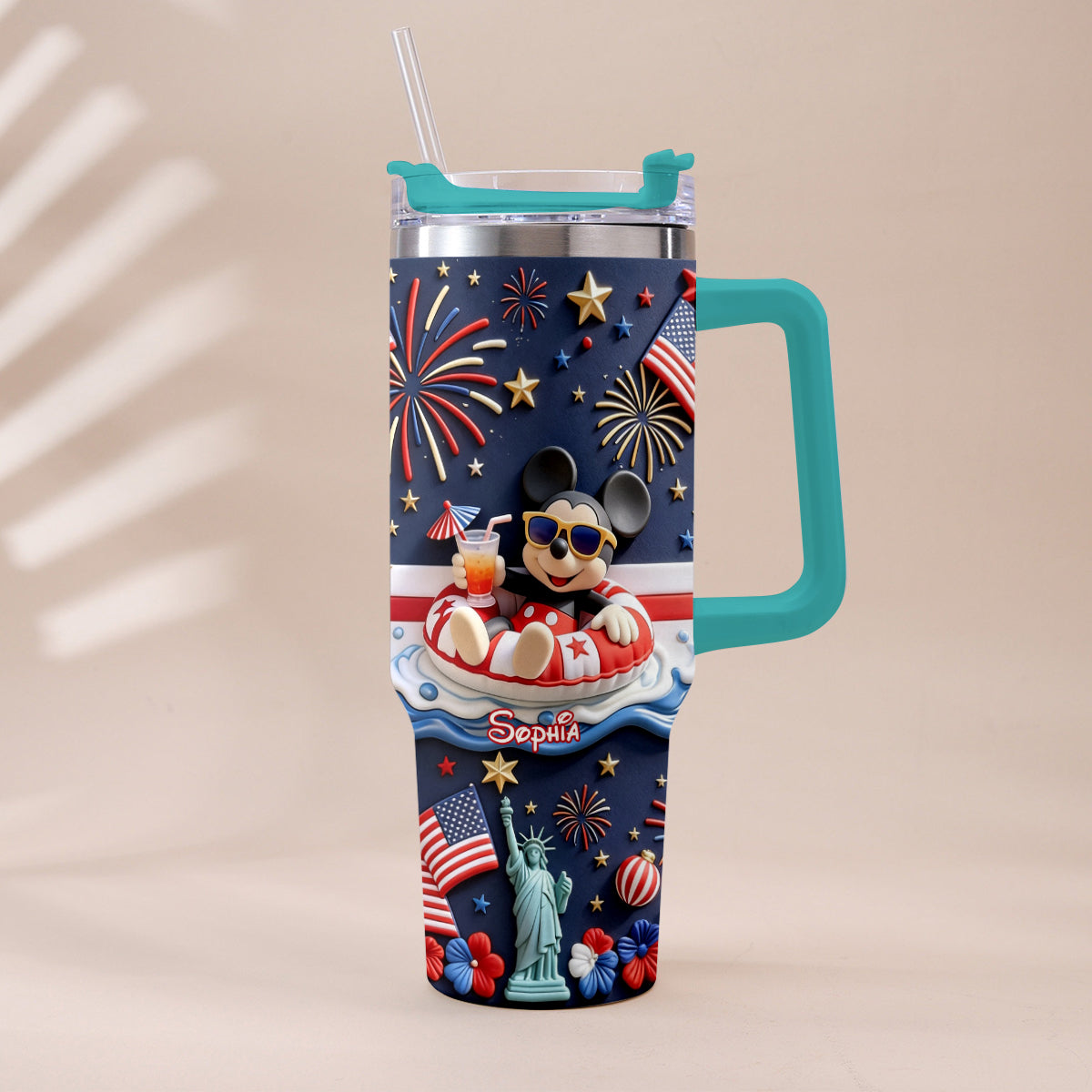 Personalized 40oz Tumbler with 3D Print Handle for Independence Day Gift