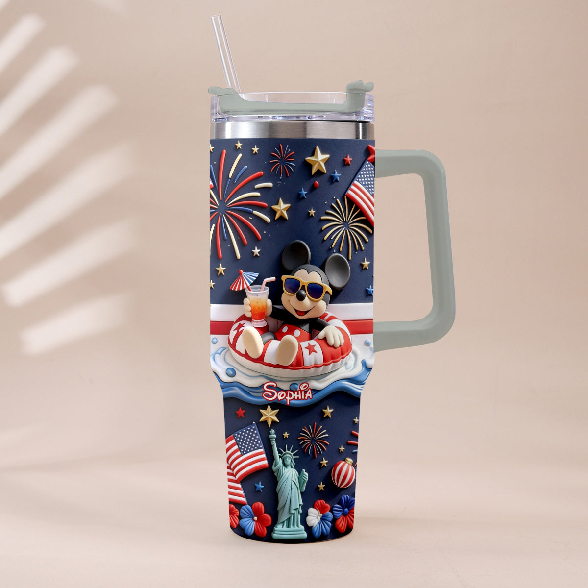 Personalized 40oz Tumbler with 3D Print Handle for Independence Day Gift