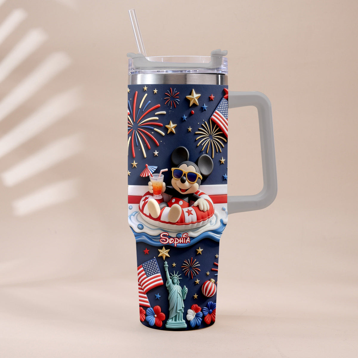 Personalized 40oz Tumbler with 3D Print Handle for Independence Day Gift