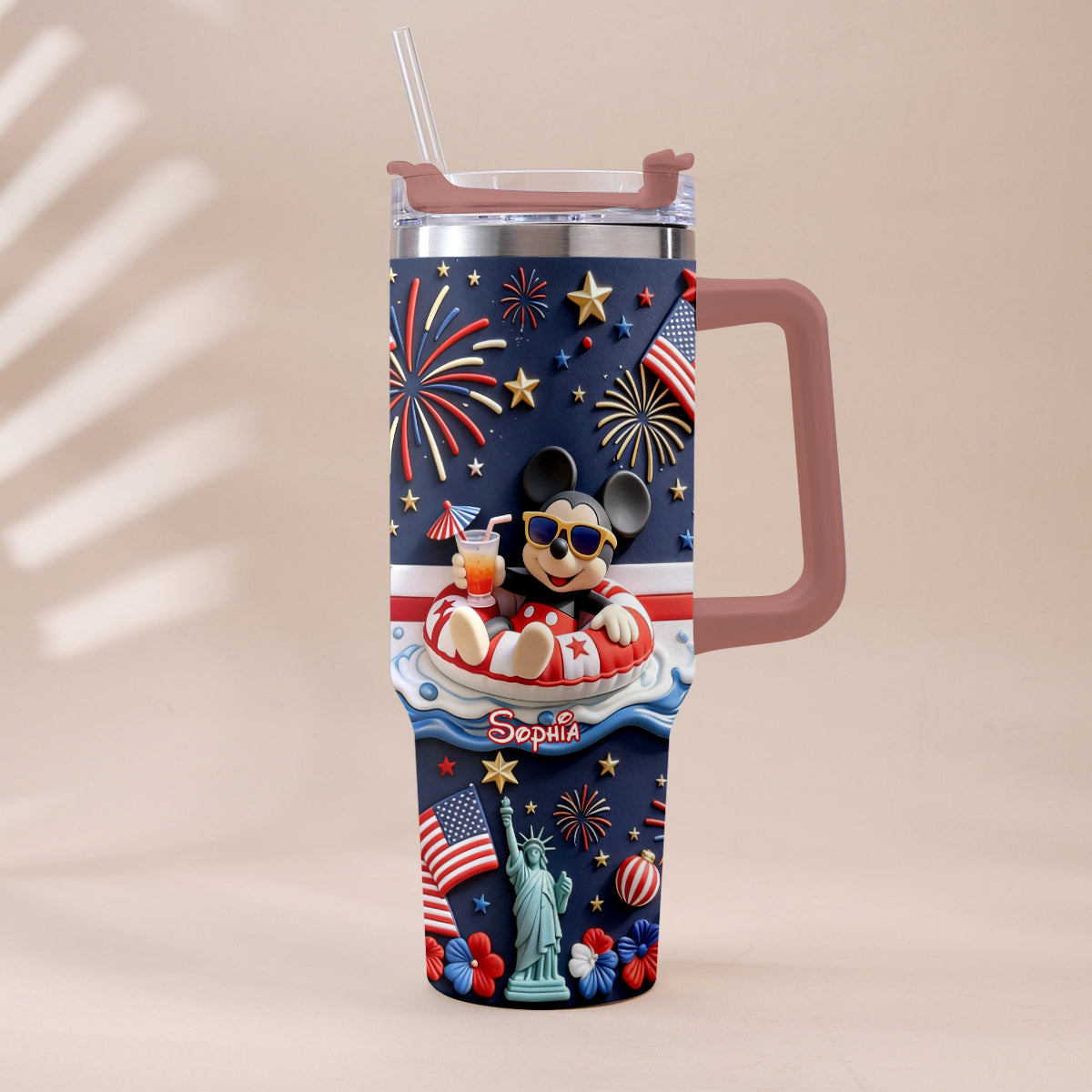 Personalized 40oz Tumbler with 3D Print Handle for Independence Day Gift