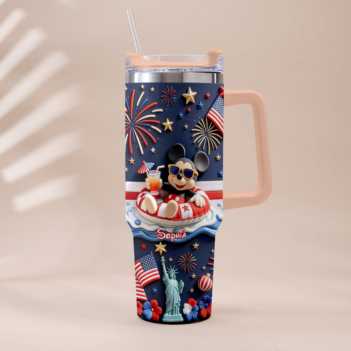 Personalized 40oz Tumbler with 3D Print Handle for Independence Day Gift