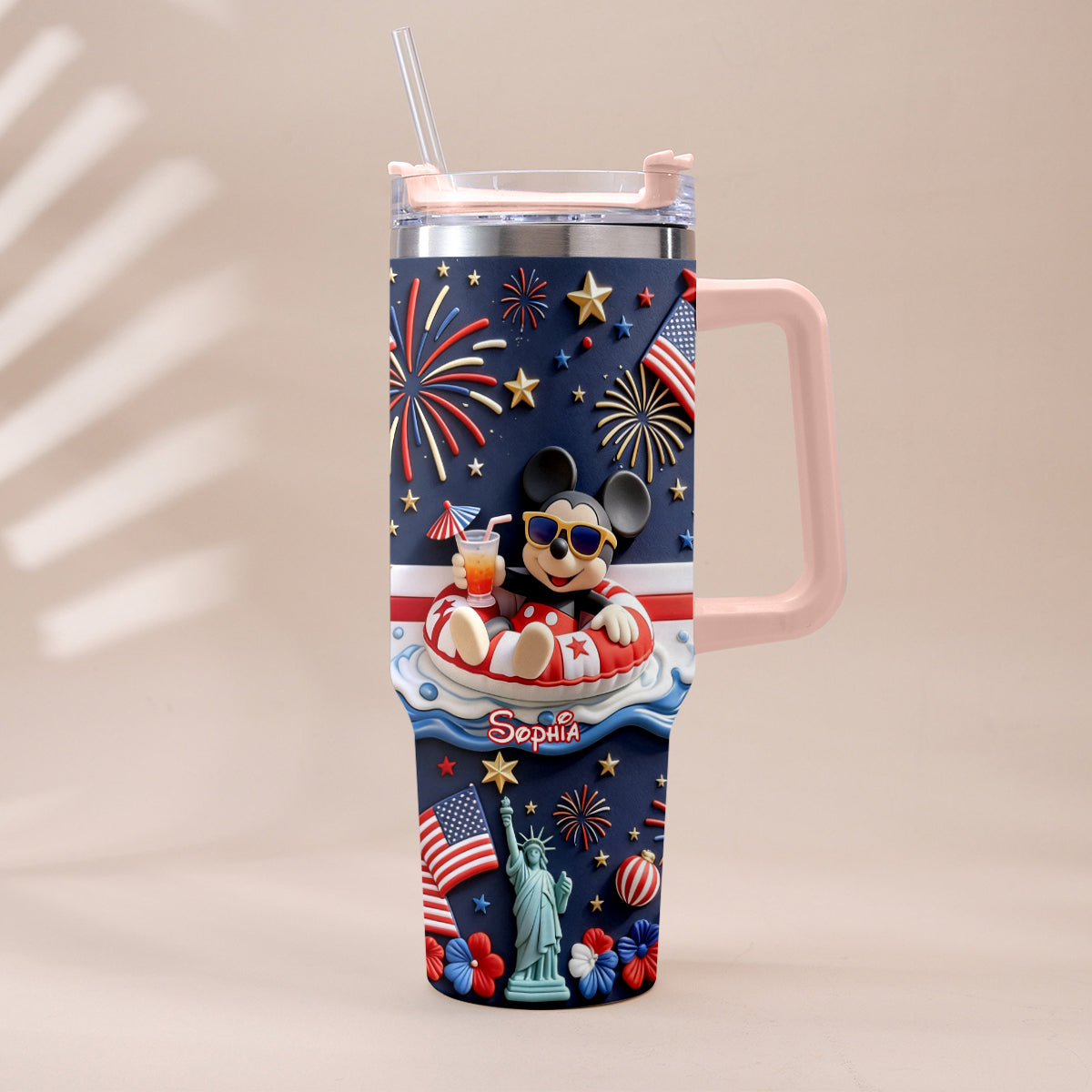 Personalized 40oz Tumbler with 3D Print Handle for Independence Day Gift