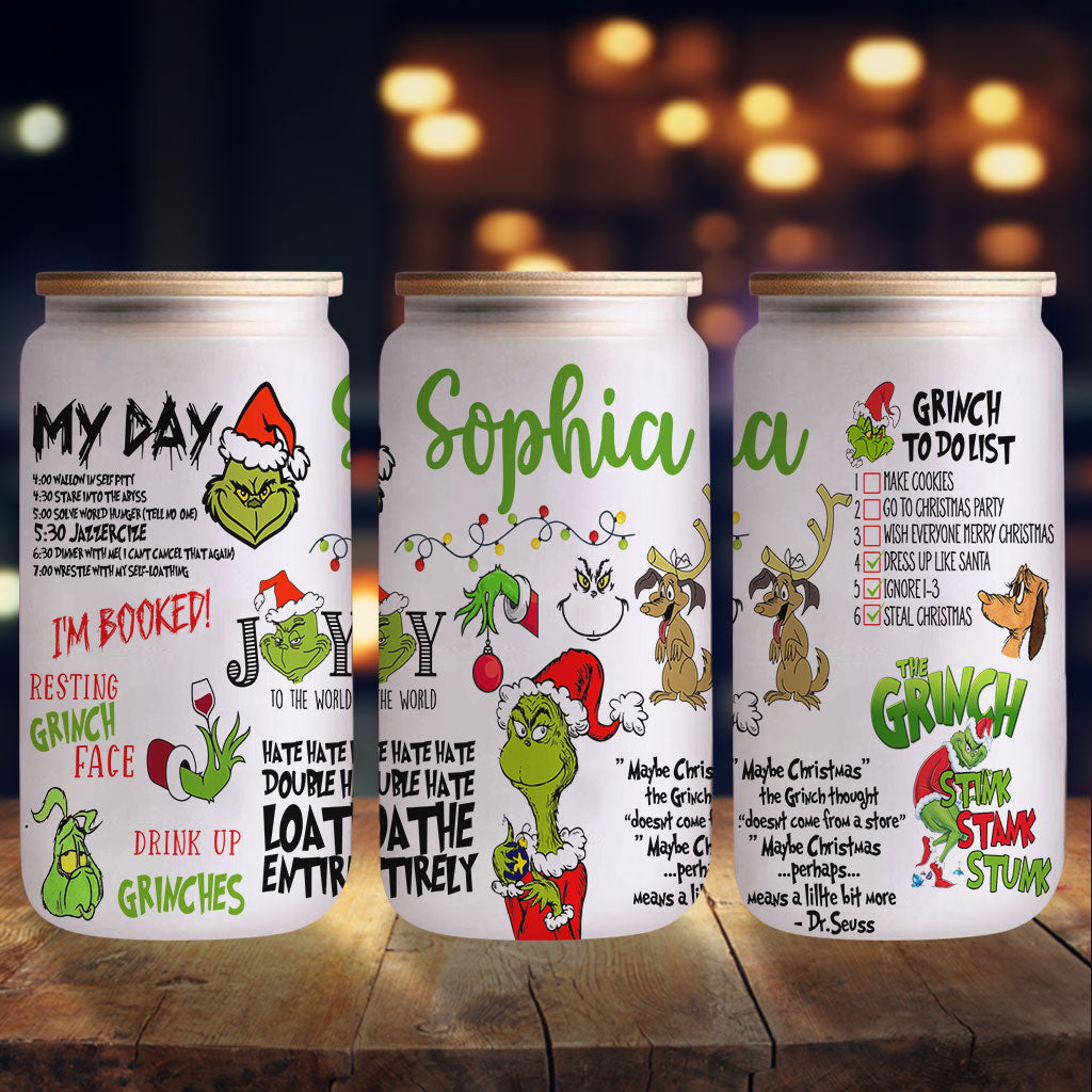 Personalized Grinch Christmas Can Glass Custom Name Gift